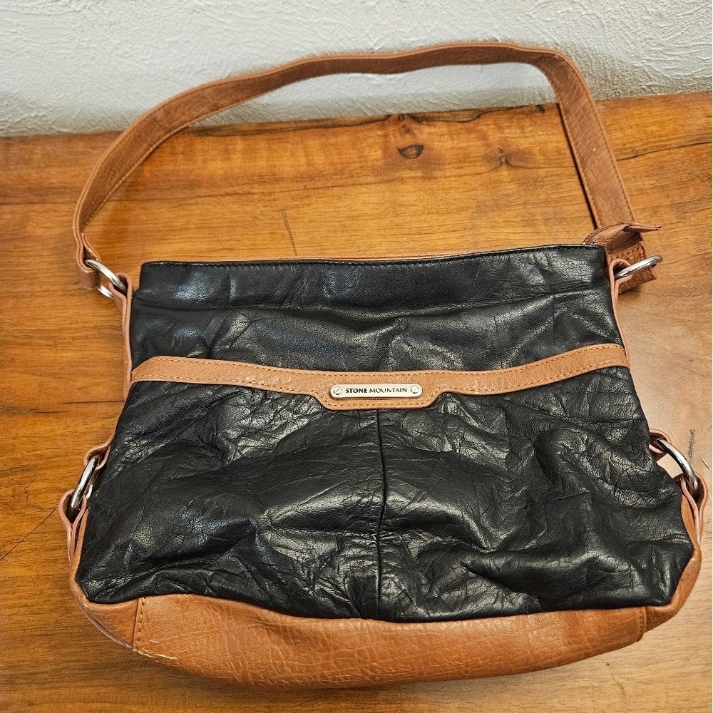 Stone Mountain Purse‎ Black Brown Trim Shoulder Bag Handbag Zipper Multi Pockets